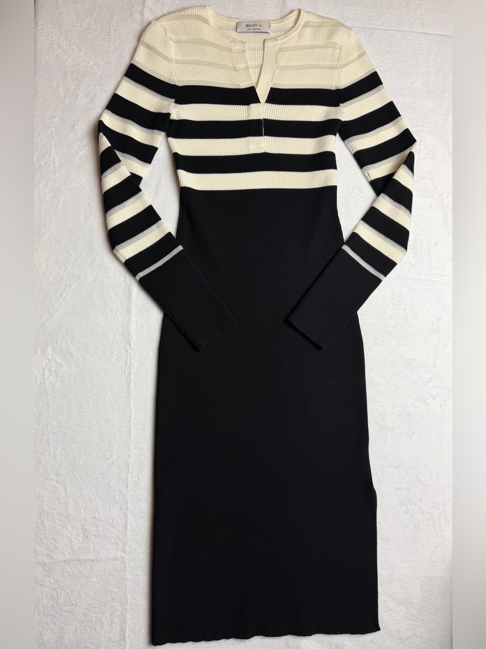 Bailey 44 Black and Cream Striped Long Sleeve Knit Midi Dress